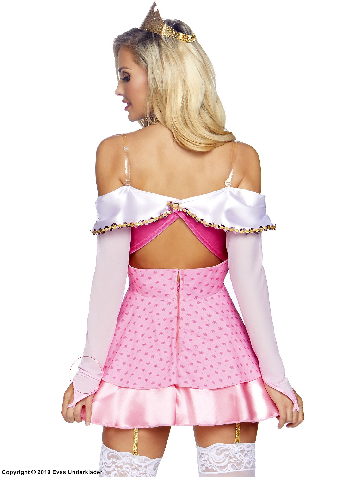 Princess Aurora from Sleeping Beauty, costume dress, rhinestones, sequins, off shoulder, gauntlet sleeves